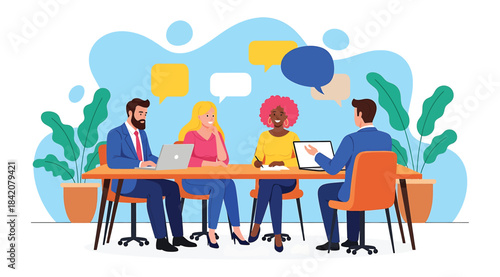 Team meeting around table with laptop and tablet, collaborative discussion, speech bubbles, modern office, brainstorming session, professional teamwork, digital workspace, communication, business illu