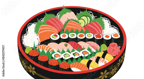 A luxurious and abundant sushi and sashimi platter in a traditional lacquered bowl, isolated on a clean white background.