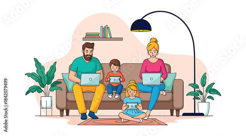 Family using laptops and tablets in cozy living room, modern tech lifestyle, digital parenting, home interior with plants and shelf, casual interaction, screen time, shared space, flat illustration