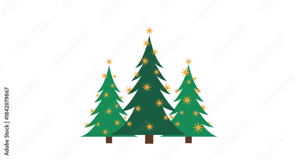 Obraz premium A simple and festive illustration of three green Christmas trees decorated with golden star ornaments on a white background.