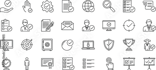 Verification and approval icon set, quality control symbols, checklist, certified documents, security, success, validated tasks, business management, accuracy concepts