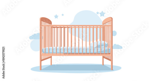 A classic wooden baby crib or cot with a mattress and pillow, set against a light blue background with clouds and stars.