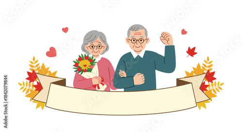 A happy elderly couple celebrating Respect for the Aged Day in Japan, framed by autumn leaves and a blank banner for text.