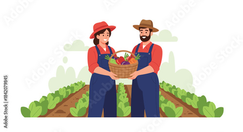 A friendly farmer couple stands in a field of crops, proudly holding a wicker basket full of freshly harvested vegetables.