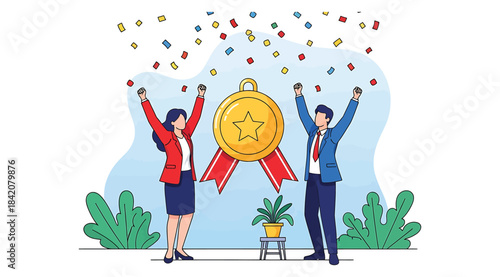 Celebrating achievement with gold medal and confetti, two people raising arms in triumph, success recognition, professional or academic reward, modern illustration with plants and abstract background