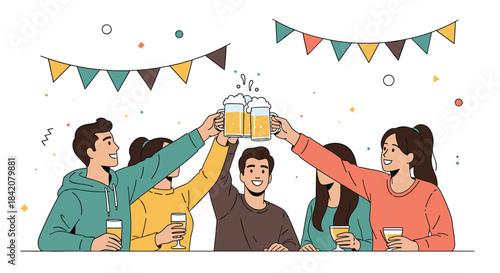 A group of happy young friends celebrating and toasting with mugs of beer at a party with festive garlands in the background.
