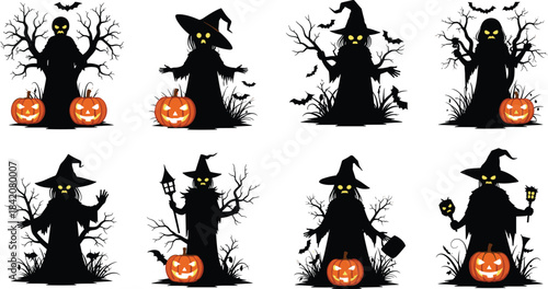 Halloween silhouettes, spooky witches, glowing eyes, jack-o'-lanterns, bats, lanterns, masks, eerie trees, festive props, white background, creepy costumes