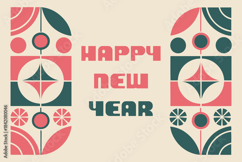 Retro mid century modern happy new year greeting card design