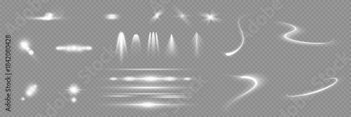 Various light effects on a transparent background. They have the form of symmetrical rays, reminiscent of twinkling stars. For decorating dynamic scenes or adding movement.
