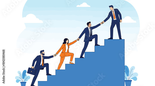 Business professionals ascending staircase with teamwork and mentorship, symbolizing career growth, leadership, support, and success, modern illustration with clouds and plants, flat design concept