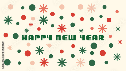 Happy new year text surrounded by festive confetti and stars