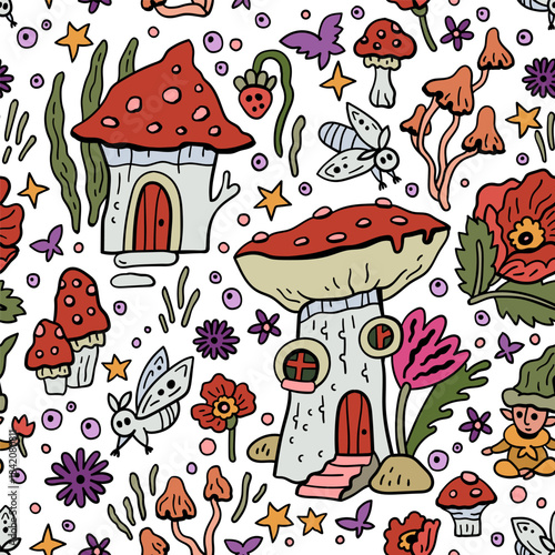Vector pattern with gnomes and mushroom houses. Forest fairytale world. Seamless background with magical characters.