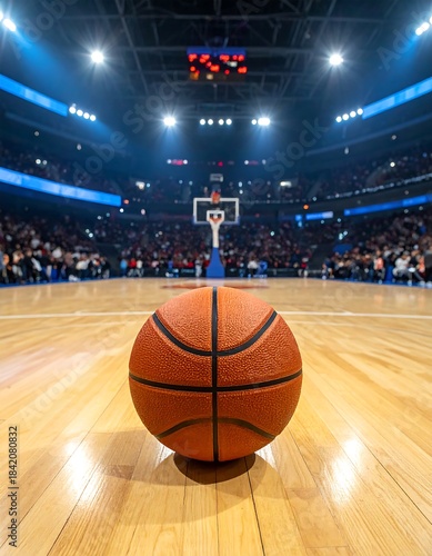 Close-up of basketball on court, arena in background