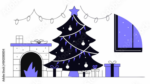 Cozy Living Room with Christmas Tree and Gifts Vector Illustration