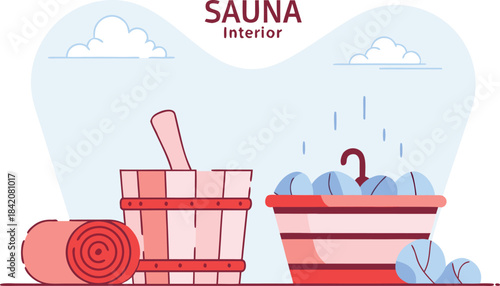 Relaxing sauna interior scene with wooden bucket, ladle, and towel, perfect for health and wellness promotions or spa advertisements, promoting tranquility