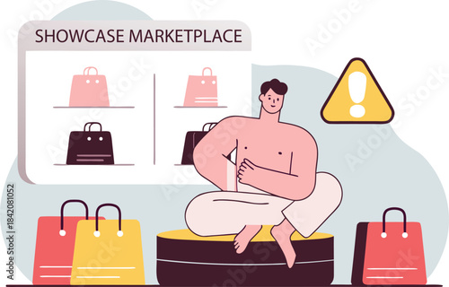 Online marketplace concept showcasing a relaxed shopper with bags and a warning sign, ideal for eCommerce, retail, and digital marketing campaigns