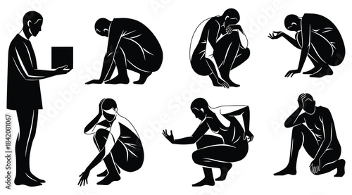 Sequence of six black silhouettes transitioning from standing to crouched posture, symbolic regression or withdrawal, minimalist abstract design, expressive body movement, visual metaphor illustration