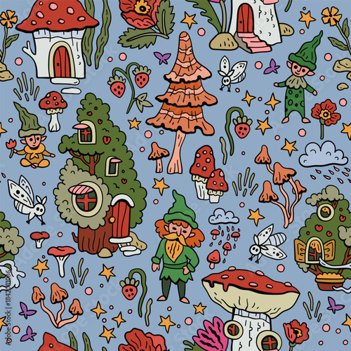 Vector pattern with gnomes and mushroom houses. Forest fairytale world. Seamless background with magical characters.