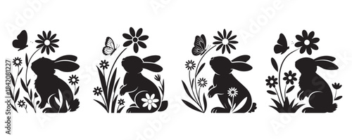Adorable rabbit silhouettes with flowers hearts and decorative details ideal for Easter art scrapbooking and creative crafting