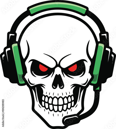 Vector illustration of an aggressive skull mascot wearing a black and green gaming headset with a microphone and glowing red eyes, designed for esports or streaming logos.