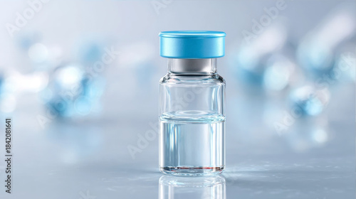 Close up of a medical vaccine vial with a blue cap and clear liquid on a blurred laboratory background
