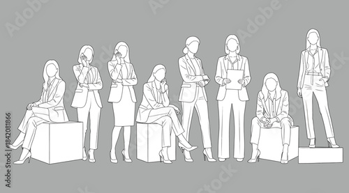 Grayscale business illustration with eight stylized figures in suits, seated and standing on blocks, sketch-like white outlines on gray background, conceptual corporate personas for design and marketi