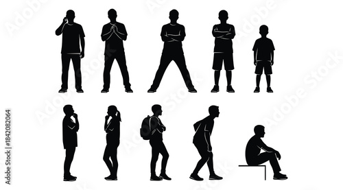 Silhouettes of ten individuals in everyday poses and actions, black on white minimalist design, walking, standing, sitting, phone use, backpack, diverse human behavior reference for design and educati