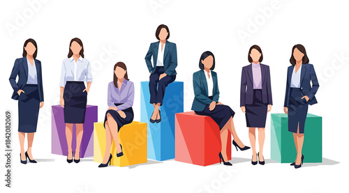 Seven business professionals posed on colorful geometric blocks, diverse attire and stances, modern flat design illustration representing corporate teamwork, fashion, and workplace diversity on white 