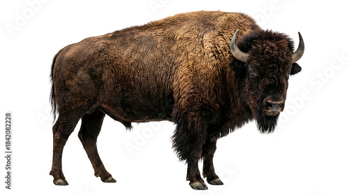 Majestic American Bison standing proudly, showcasing its powerful build and shaggy fur against a clean white backdrop, embodying the spirit of North American wildlife in a striking portrait