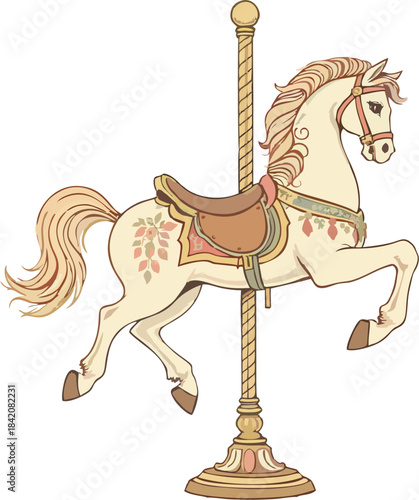 Elegant pastel carousel horse illustration on white background, vintage amusement park ride artwork
