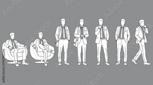 White silhouettes of man in suit in seated and standing poses, gray background, professional body language illustration for business design, animation, and behavioral reference in modern flat style