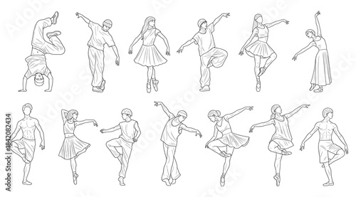 Line drawings of ballet dancers in fourteen elegant poses, dynamic arm and leg movements, artistic reference for choreography, dance education, and expressive motion illustration in two-row layout