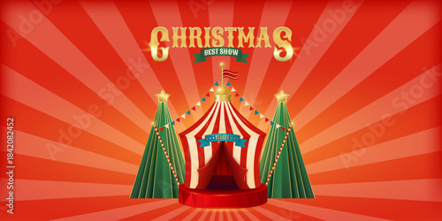 Christmas circus banner. Colorful vintage magic show, theatre, attractions, carnival poster. Creative design for events, festival, party, performance. Retro vector illustration