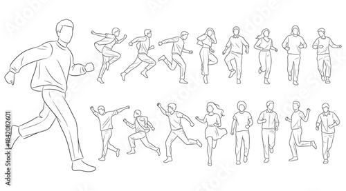 Line drawings of walking and running poses, top row shows dynamic running motion, bottom row illustrates walking cycle, visual reference for human locomotion, animation, and biomechanics study