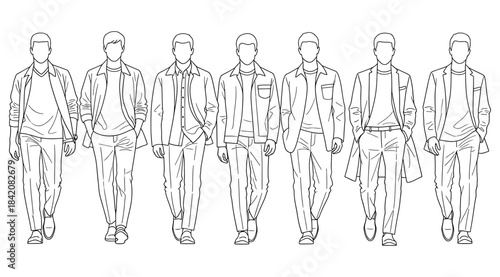 Line drawings of eight casually dressed male figures walking forward, varied outfits and poses, black-and-white fashion illustration for character modeling, posture reference, and style variation stud