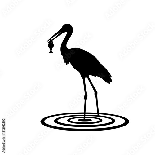 Shallow-Water Stork Holding a Small Fish Silhouette With Minimal Ripples vector illustration