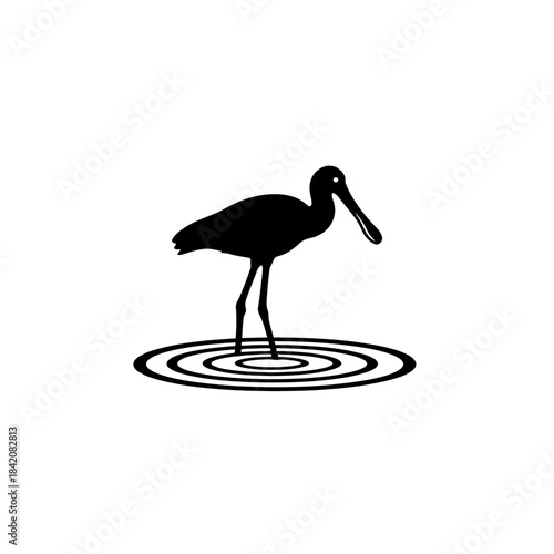 Moody Silhouette of a Spoonbill Wading Beside a Single Water Ripple vector illustration