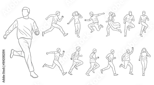 Running motion study with large figure and twelve smaller sketches, black-and-white line drawings showing dynamic phases of human gait, visual reference for animation, biomechanics, and athletic train