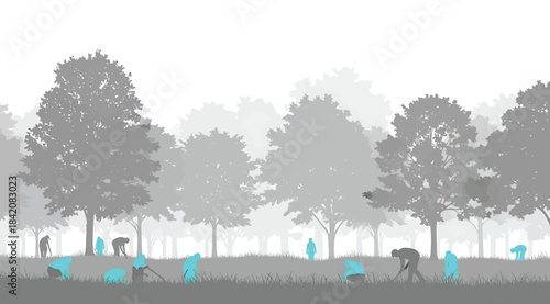 Stylized forest scene with layered gray trees and blue silhouettes of people and animals, artistic illustration of nature interaction, public space usage, and environmental design on white background