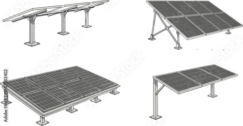 Illustrations of Solar Panel Array Structures, Renewable Energy Systems, and Sustainable Photovoltaic Technology Designs.