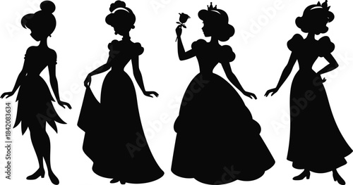 elegant princess silhouettes set, four fairy tale girls, long ball gowns, royal fashion, dancing poses, fantasy, kids party illustration