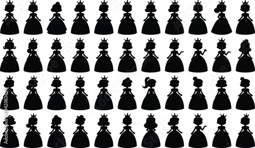 princess silhouette pattern background, many little queens in ball gowns, cute fairy tale girls, seamless kids party, fashion vector