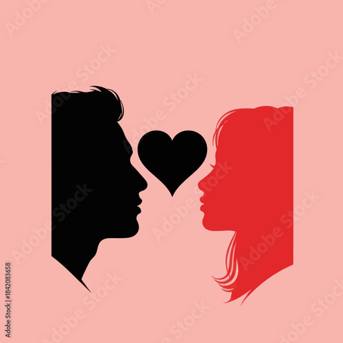 Silhouettes of a man and woman facing each other with a heart in between.