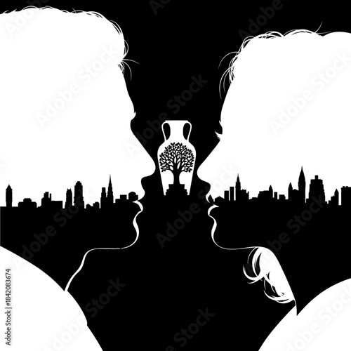 Silhouettes of a man and woman facing each other with a cityscape and a vase with a tree inside.