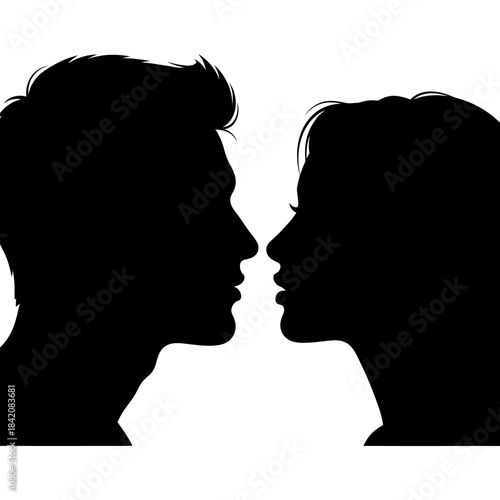 Silhouette of a couple facing each other in profile.