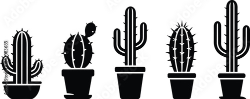 potted cactus silhouettes set, different succulents in pots, black vector icons, desert plant, home decor, boho, minimal illustration