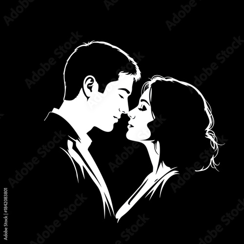 Romantic Couple Silhouette in Black and White Close Up.