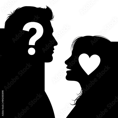 Silhouette of a man with a question mark and a woman with a heart.