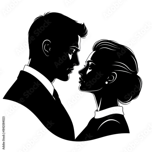 Elegant Silhouette of a Couple Gazing Intently at Each Other.