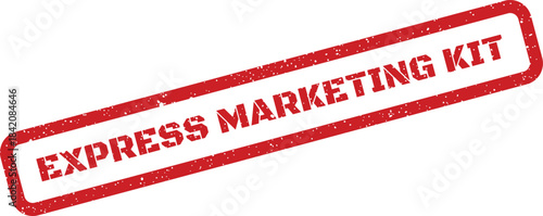 Grungy red rectangular rubber stamp applied diagonally with textured appearance displaying Express Marketing Kit text